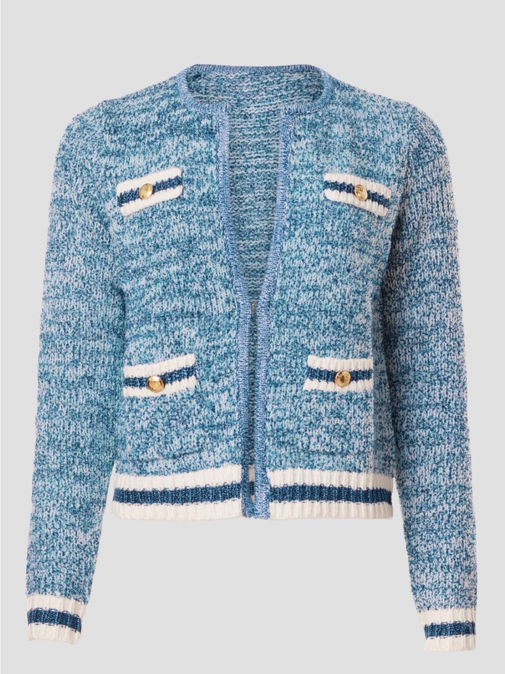 Lilly Pulitzer Light Blue Bouclé Open-Front Cardigan with White & Navy Trim